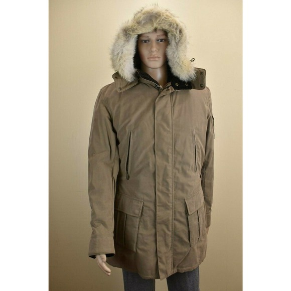 NWT MENS BELSTAFF TAN COTTON COYOTE FUR HOODED SNAP ZIP WINTER
